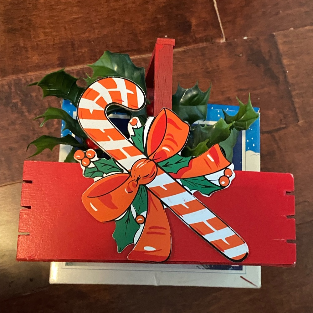 Holiday Candy Cane with Red Bow and Green Leaves Wooden Basket